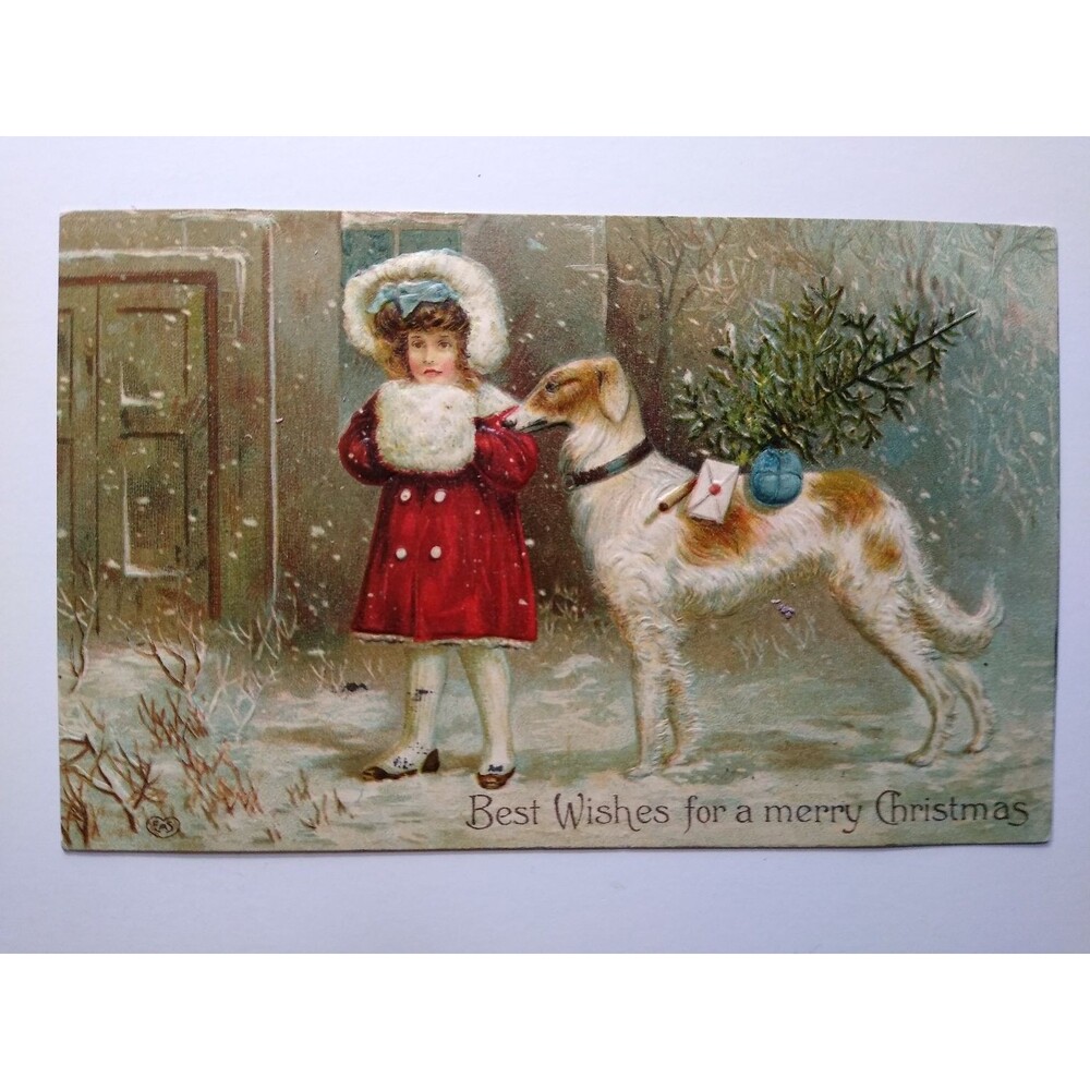 1908 Christmas Postcard Girl Borzoi Dog Pine Tree Package Embossed German